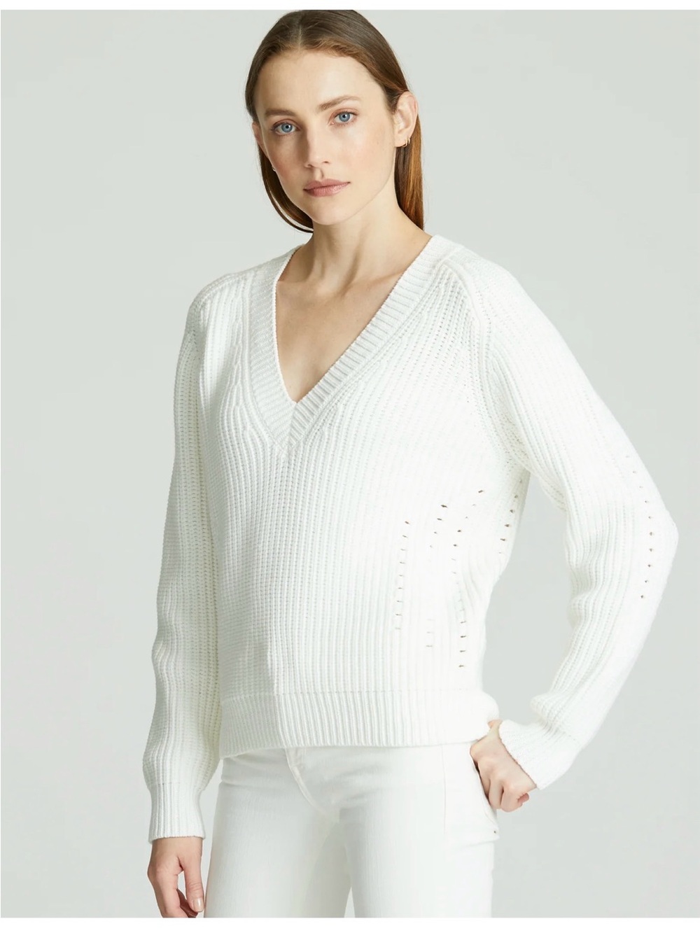Aether Keaton V-Neck Ribbed Knit Sweater - White